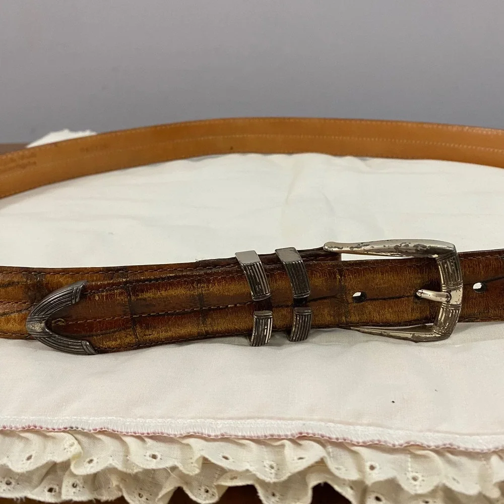 Martin Dingman VTG Belt Men 42 Brown Alligator Grain Leather USA 045126 Buckle